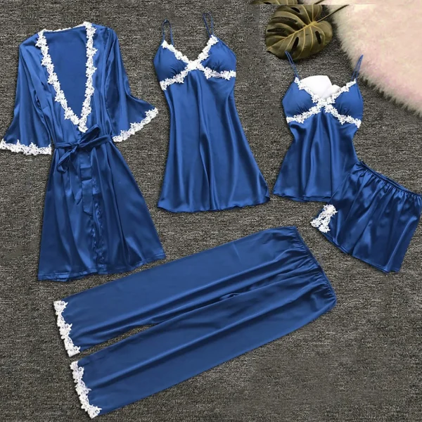 5PC Pajama Set Women Lace Trim Satin Sleepwear Pyjamas Femme Nightwear Pijama Elegant Home Wear Kimono Robe Gown Nighties - Image 3