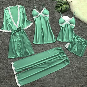 5PC Pajama Set Women Lace Trim Satin Sleepwear Pyjamas Femme Nightwear Pijama Elegant Home Wear Kimono Robe Gown Nighties