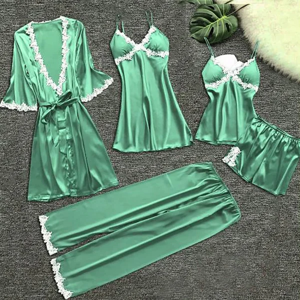 5PC Pajama Set Women Lace Trim Satin Sleepwear Pyjamas Femme Nightwear Pijama Elegant Home Wear Kimono Robe Gown Nighties