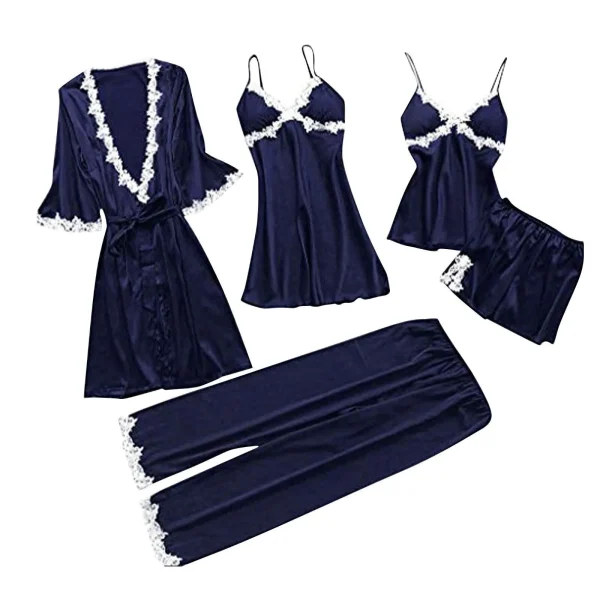 5PC Pajama Set Women Lace Trim Satin Sleepwear Pyjamas Femme Nightwear Pijama Elegant Home Wear Kimono Robe Gown Nighties - Image 2