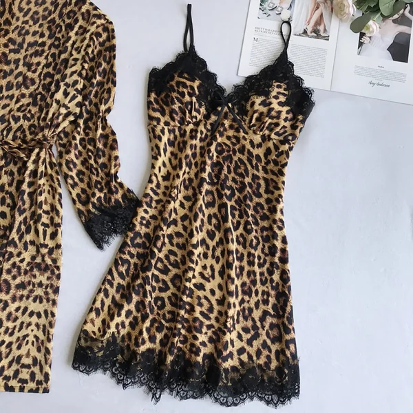 Sexy Leopard Printed Intimates Wireless Rimless Pajamas Lace Night Dress Silk Underwear Sleepwear No Pad Lingerie - Image 2