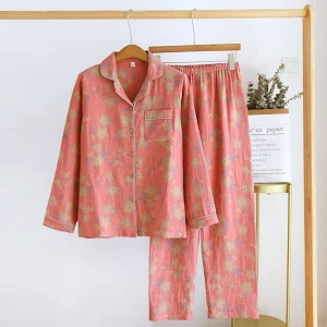 Floral Printed Cotton Women'S Pajamas Suit For Spring And Autumn Jacquard Long Sleeved Large Size Home Women Sleepwear Set