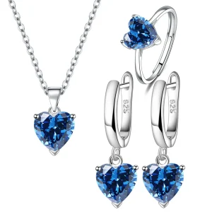 925 Sterling Silver Jewelry Sets For Women Heart Zircon Ring Earrings Necklace