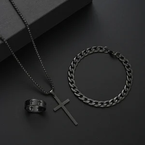 3 Pcs Stainless Steel Bracelet Necklace Ring for Women Retro Simple And Personalized Punk Hip Hop Jewelry Set