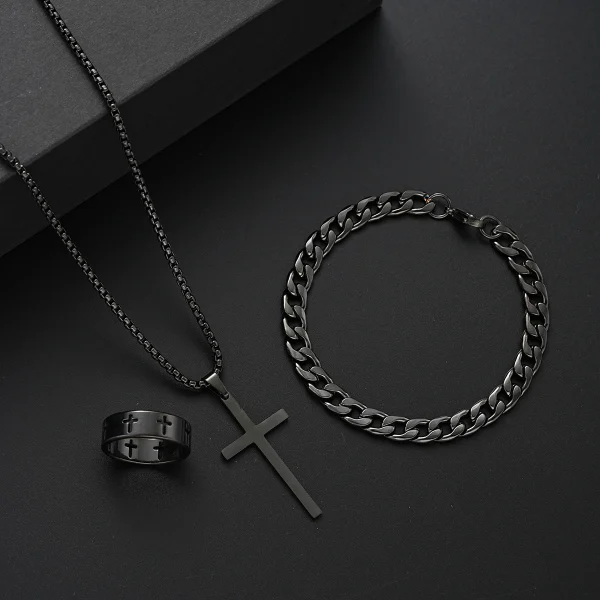 3 Pcs Stainless Steel Bracelet Necklace Ring for Women Retro Simple And Personalized Punk Hip Hop Jewelry Set