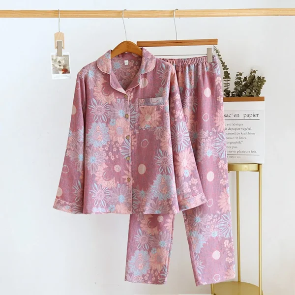Floral Printed Cotton Women'S Pajamas Suit For Spring And Autumn Jacquard Long Sleeved Large Size Home Women Sleepwear Set - Image 2