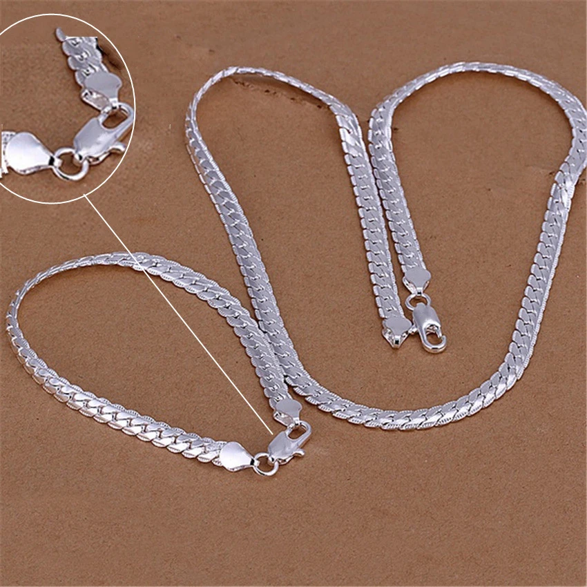 925 Sterling Silver Christmas Gifts European Style 6MM Flat Chain Necklace Bracelets Fashion for Women Jewelry Set