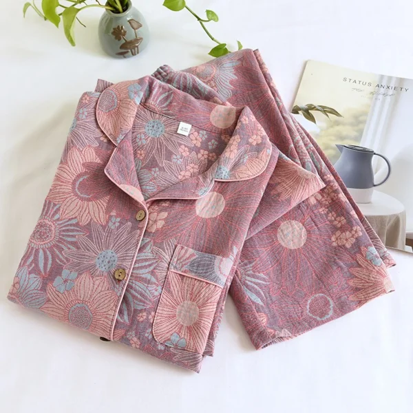 Floral Printed Cotton Women'S Pajamas Suit For Spring And Autumn Jacquard Long Sleeved Large Size Home Women Sleepwear Set - Image 3