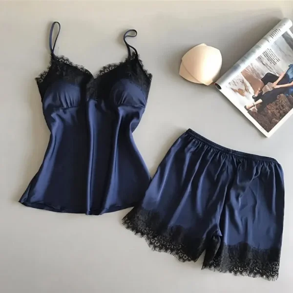 Women Pajama Suit Fashion V-Neck Stretch Satin Babydoll Lace Sexy Lingerie Bowknot Pyjamas Sleep Shorts Set Sleepwear New - Image 2