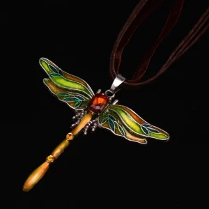 Dragonfly Silk Ribbon Necklace with Crystal Creative Metal Insect Butterfly Pendant Necklace for Women