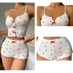 Sleepwear Women's Pajamas Set Heart Pajamas Heart Print Soft Ribbed with Flirty Frill Trim Casual Top and Shorts Sets Loungewear