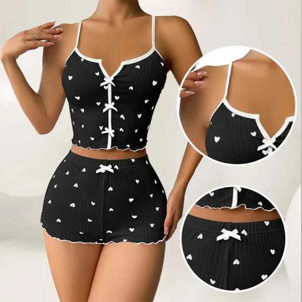 Sleepwear Women's Pajamas Set Heart Pajamas Heart Print Soft Ribbed with Flirty Frill Trim Casual Top and Shorts Sets Loungewear - Image 2