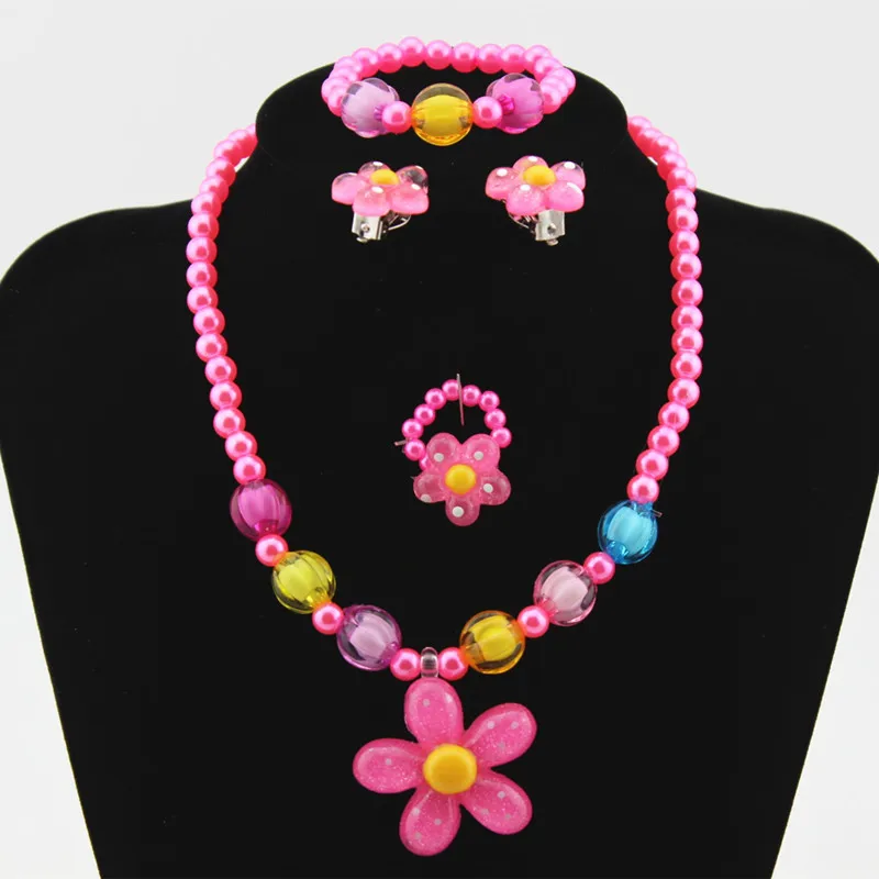 Baby Girls Imitation Pearls Jewelry Set Kids Sun Flower Necklace Bracelet Rings Flower Stud Earrings Children Party Jewelry
