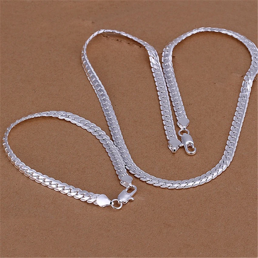 925 Sterling Silver Christmas Gifts European Style 6MM Flat Chain Necklace Bracelets Fashion for Women Jewelry Set - Image 2