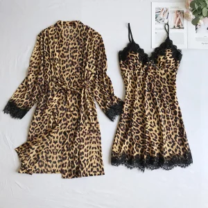 Sexy Leopard Printed Intimates Wireless Rimless Pajamas Lace Night Dress Silk Underwear Sleepwear No Pad Lingerie
