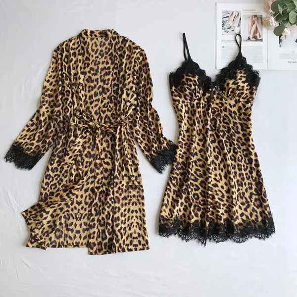 Sexy Leopard Printed Intimates Wireless Rimless Pajamas Lace Night Dress Silk Underwear Sleepwear No Pad Lingerie