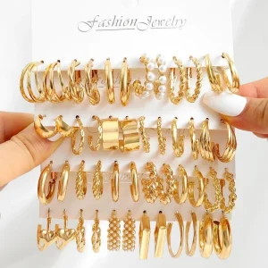 6pairs Big Circle Hoop Earring Set for Women Gold Color Bohemia Vintage Pearl Earring Heart Earring Jewelry