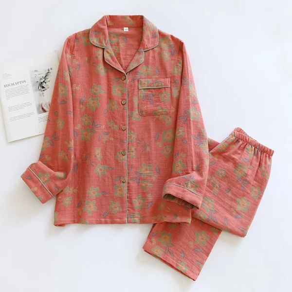 Floral Printed Cotton Women'S Pajamas Suit For Spring And Autumn Jacquard Long Sleeved Large Size Home Women Sleepwear Set - Image 4