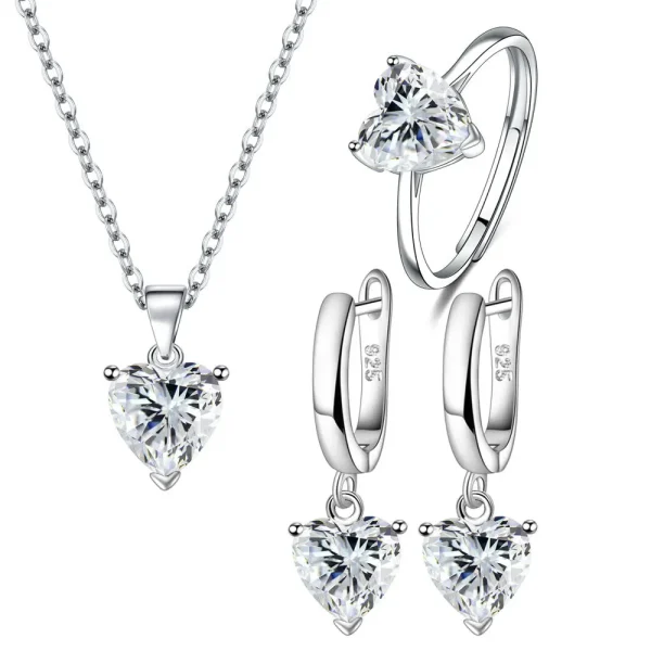 925 Sterling Silver Jewelry Sets For Women Heart Zircon Ring Earrings Necklace - Image 4
